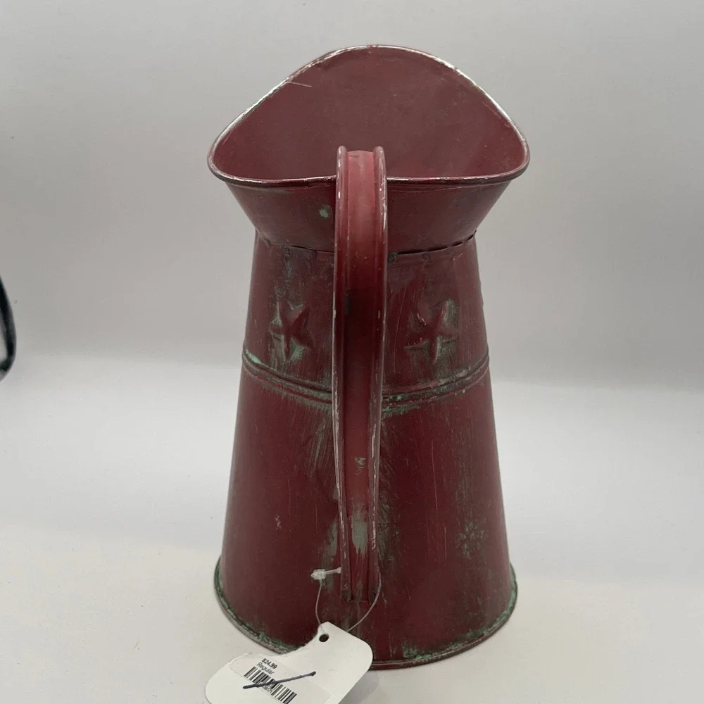 Rustic Red Metal Pitcher Vase Distressed Farmhouse Star Embossed Decor GM8789